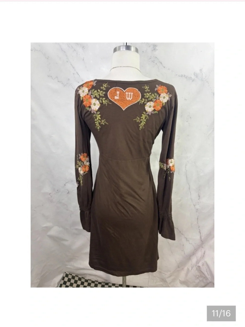 Johnny Was Brown Floral & Heart Embroidered V-Neck Long-Sleeve Dress - Picture 6 of 14